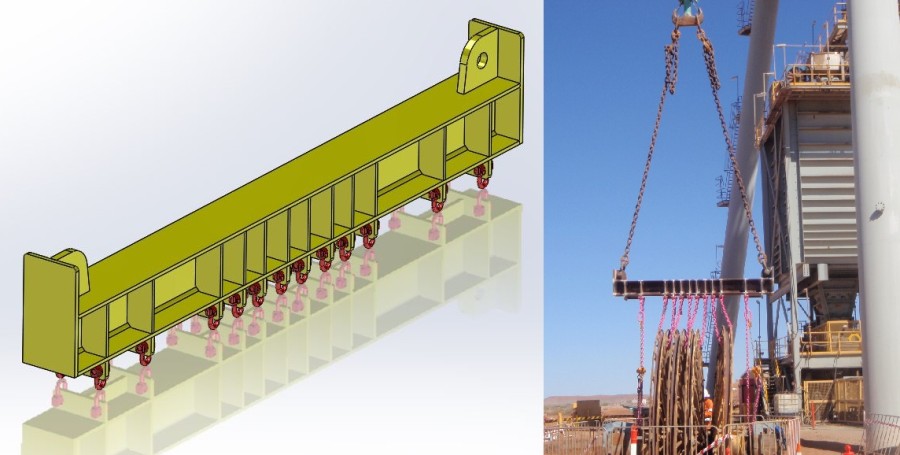 35T lifting beam: 3D model and actual beam in operation