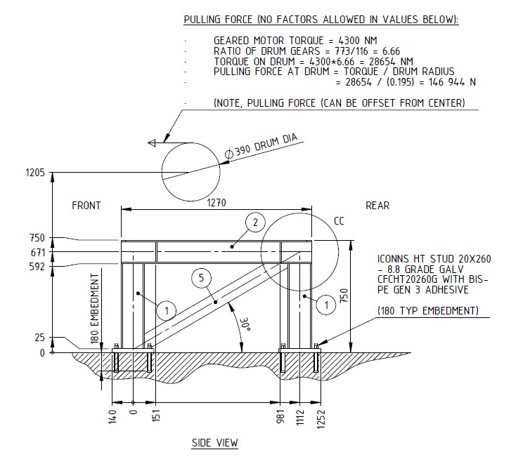 Winch support frame side view